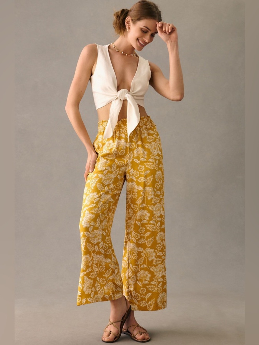 NWT Anthropologie Floral Wide Leg Pants XS Mustard Yellow Boho Cropped Palazzo